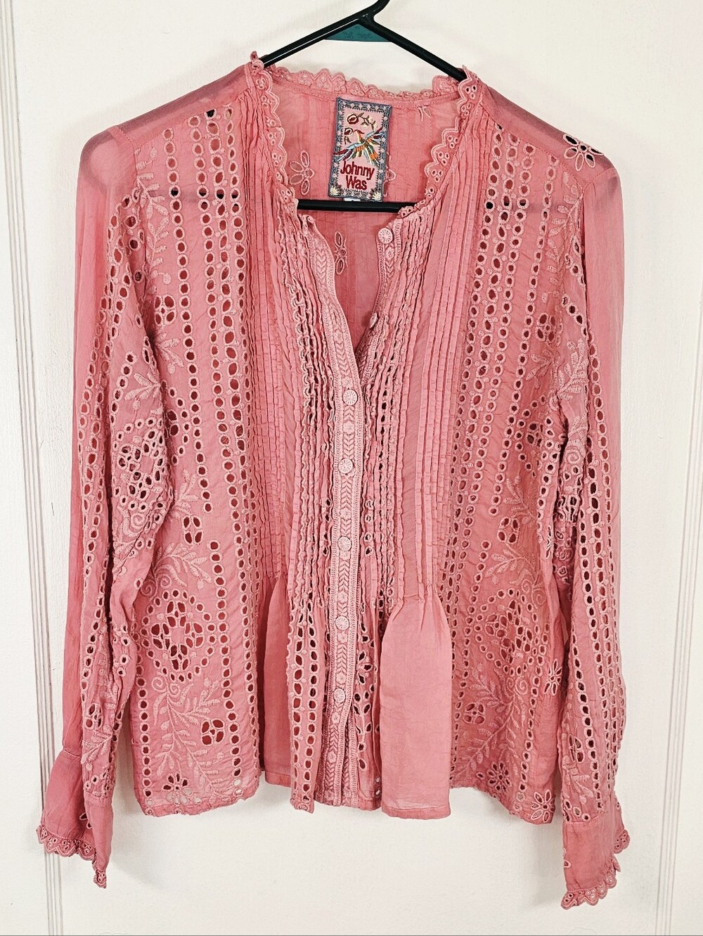 Johnny Was Sveta Pink Eyelet Lace Blouse
